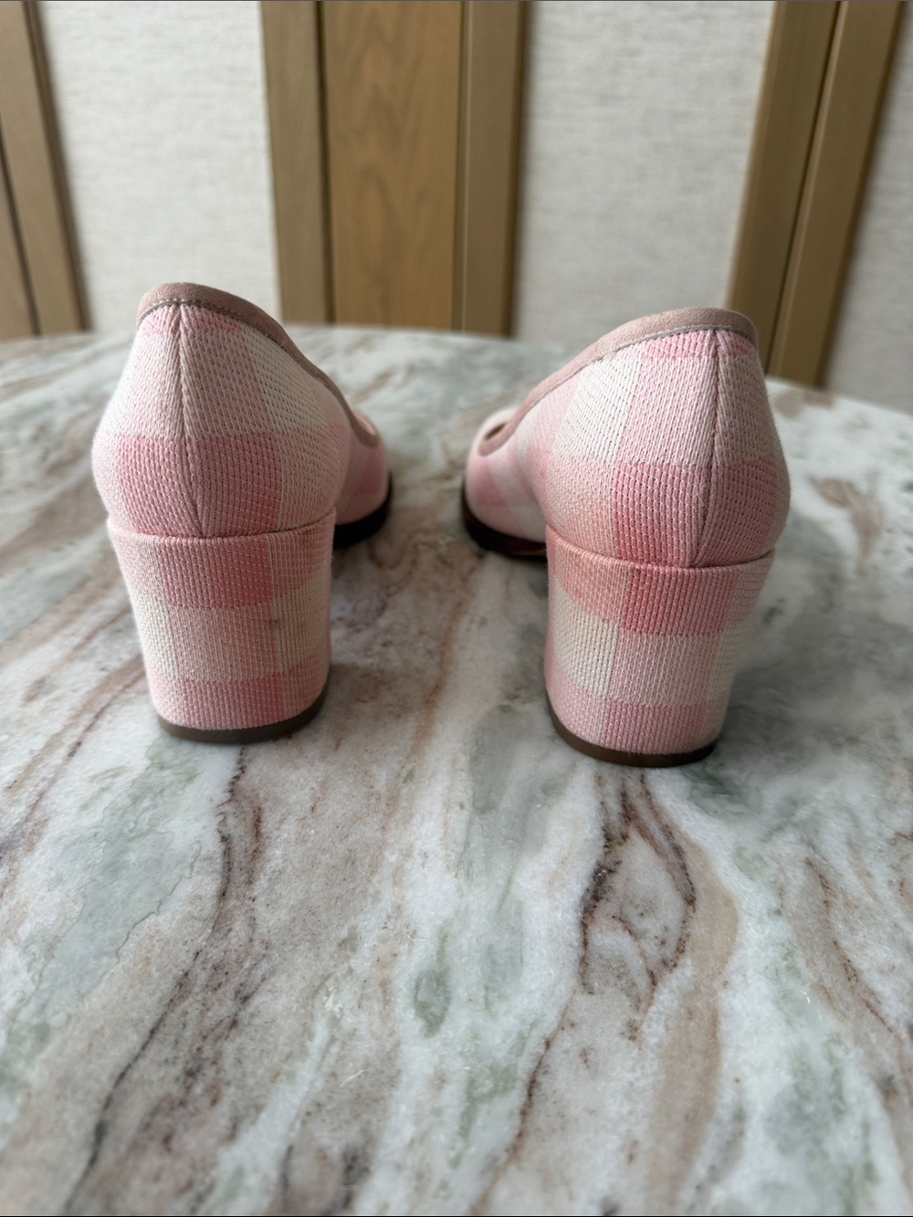 Mansur Gavriel Pink and Cream Plaid Block Heel Pumps - Picture 3 of 4